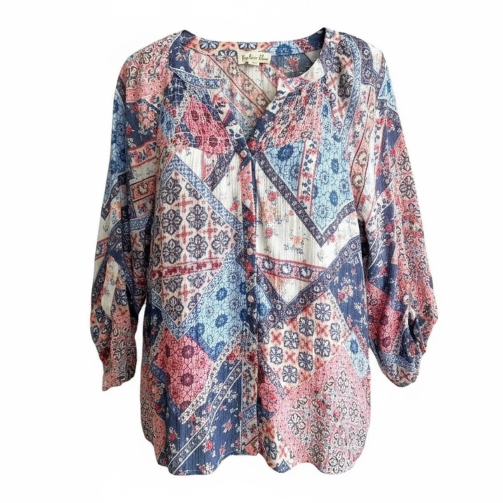 Indigo Rose Boho Patchwork Paisley Pink and Blue 3/4 Sleeve Top Size Large P
